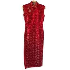 Gorgeous Brocade Floral Sleeveless Chinese Red Sleeveless Long Dress XS/S